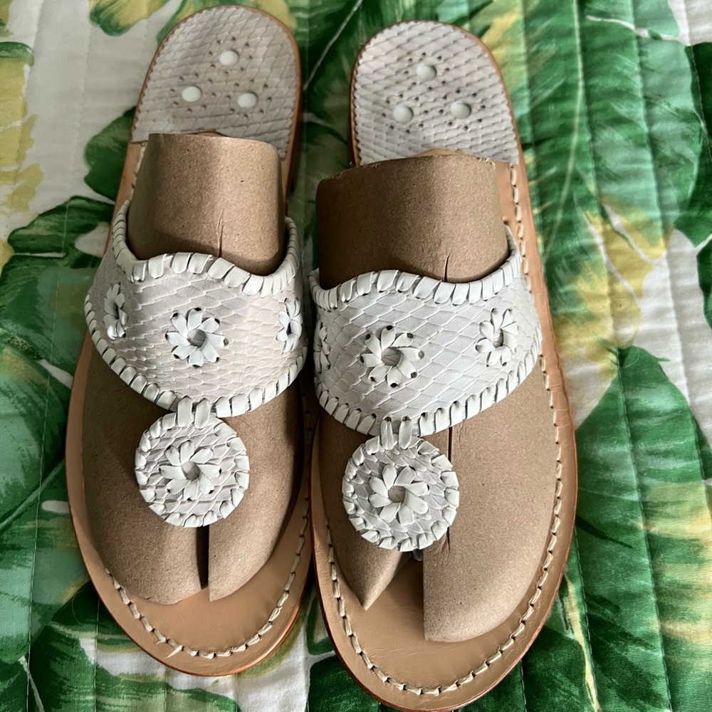 Jack Rogers White Tan Sandals with Medallion Design, Size 9.5 M